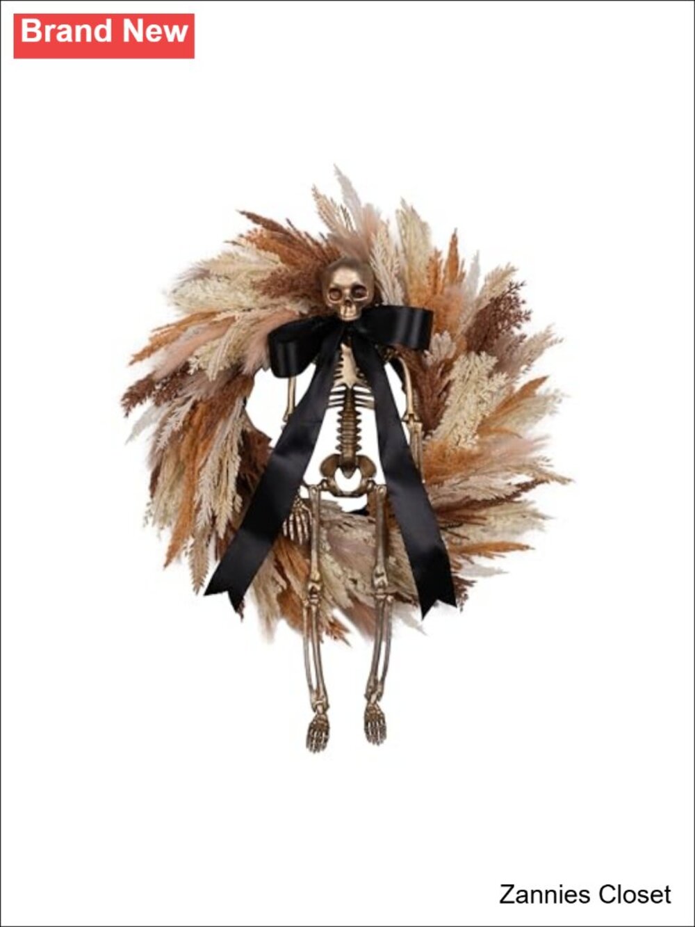 👻 Gothic Halloween Wreath 24 Inch Faux Wheat Pampas Grass Gold Skull Skeleton